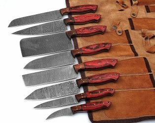 Custom-Handmade-Damascus-Steel-Chef-Kitchen-Knife-Set-Walnut-Wood-And-Red-Wood-Handle-With-Leather-Sheath