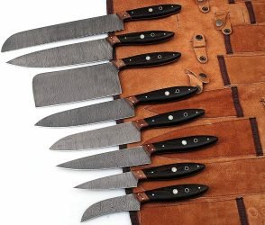 Custom-Handmade-Damascus-Steel-Chef-Kitchen-Knife-Set-Walnut-Wood-And-Wenge-Wood-Handle-With-Leather-Sheath